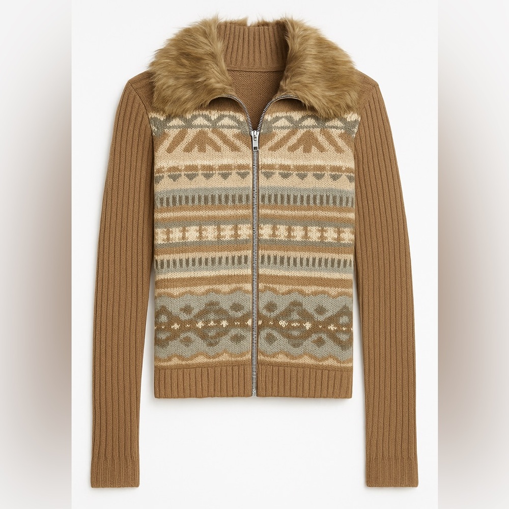Ralph Lauren – Faux Fur Collar Preppy Aspen Aesthetic Sweater – Camel XL NWOT